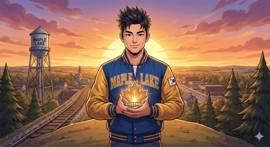 A highly detailed, anime-style illustration of a young Korean-American man, Jon, standing on a hill overlooking the small town of Maple Lake, Minnesota, at sunset. He is wearing a blue and yellow varsity jacket that reads 'Maple Lake' and gently holds a glowing, golden maple leaf in his cupped hands. The Maple Lake water tower is visible behind him.