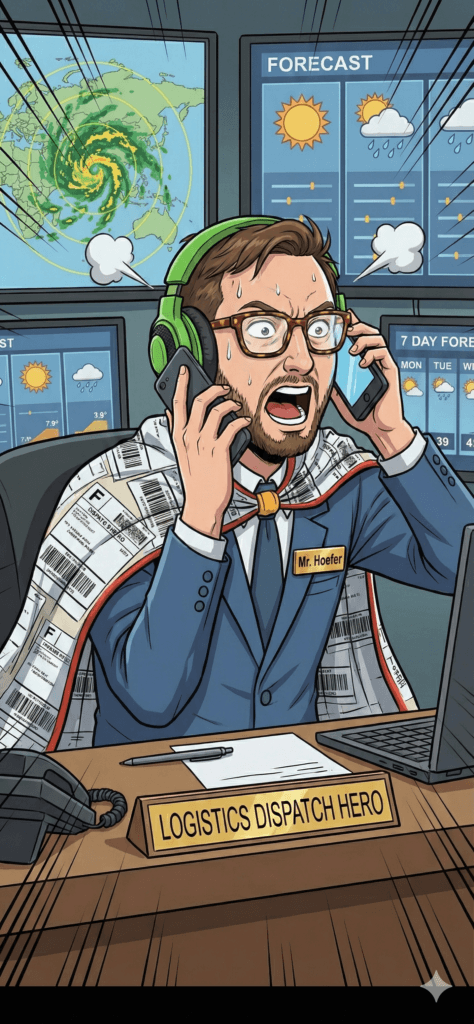A highly expressive, comic-book illustration of a man named Ryan Hoefer, a stressed Logistics Dispatcher, dressed professionally with a cape made of shipping labels and a desk nameplate reading 'Logistics Dispatch Hero.' He is wearing a headset and talking frantically on two phones simultaneously while sitting in front of a bank of screens displaying chaotic weather forecasts, including a swirling hurricane.
