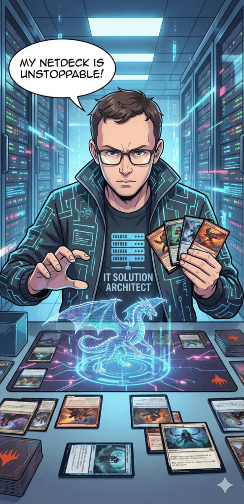 A high-tech, comic-style illustration of an IT Solution Architect named Brandon Ding, wearing a circuit board-patterned jacket and a job title t-shirt, standing in a brightly lit data center. He is playing a card game, likely Magic: The Gathering, with physical cards on a playmat and a holographic blue dragon hovering over the table. A speech bubble reads: 'MY NETDECK IS UNSTOPPABLE!'