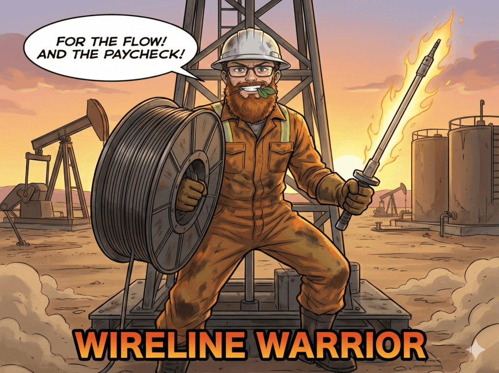 A comic-style, satirical image of an oil field worker, or "Wireline Warrior," wearing orange coveralls and a hard hat, with a thick beard and money hanging out of his mouth. He is holding a large spool of wireline cable and a flaming sword-like tool, standing defiantly in front of an oil rig and storage tanks. A speech bubble reads: "FOR THE FLOW! AND THE PAYCHECK!"