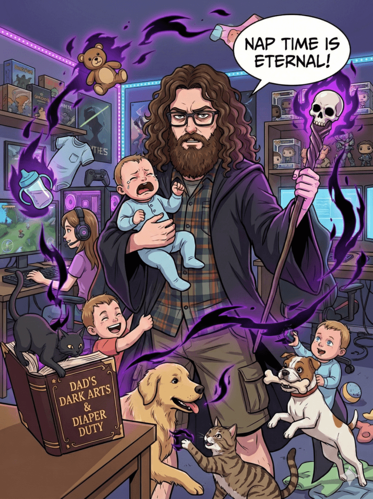 A highly detailed, comic-book illustration of a man named Tyler, a stressed stay-at-home dad, dressed in a wizard's cloak and holding a magic staff with a skull. He is surrounded by chaos: crying babies, toddlers, cats, a dog, and various toys and game controllers. Dark purple energy swirls around him as he casts a spell for nap time, exclaiming, 'NAP TIME IS ETERNAL!'