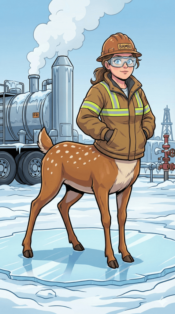 A fantastical comic-book illustration of a female Frac Heater Operator, nicknamed 'Bambi,' standing on ice in an industrial oil field environment. The woman has the torso and head of a human, wearing a hard hat and protective gear, and the body of a spotted deer (a centaur). A large tanker truck and oil rig piping are visible in the snowy background.