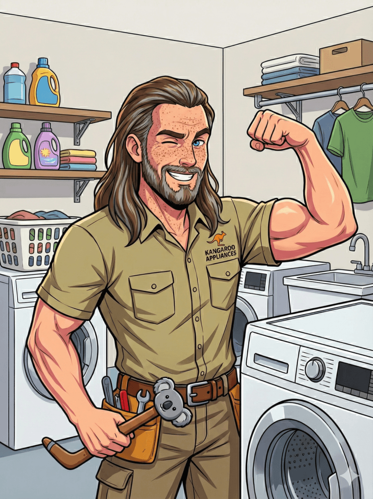 A charismatic, comic-book style illustration of Colin Furby, a handsome Australian appliance installer, winking and flexing his bicep in a laundry room. He has long hair, a beard, and wears a khaki uniform with a koala on his tool belt. A washing machine is visible beside him.