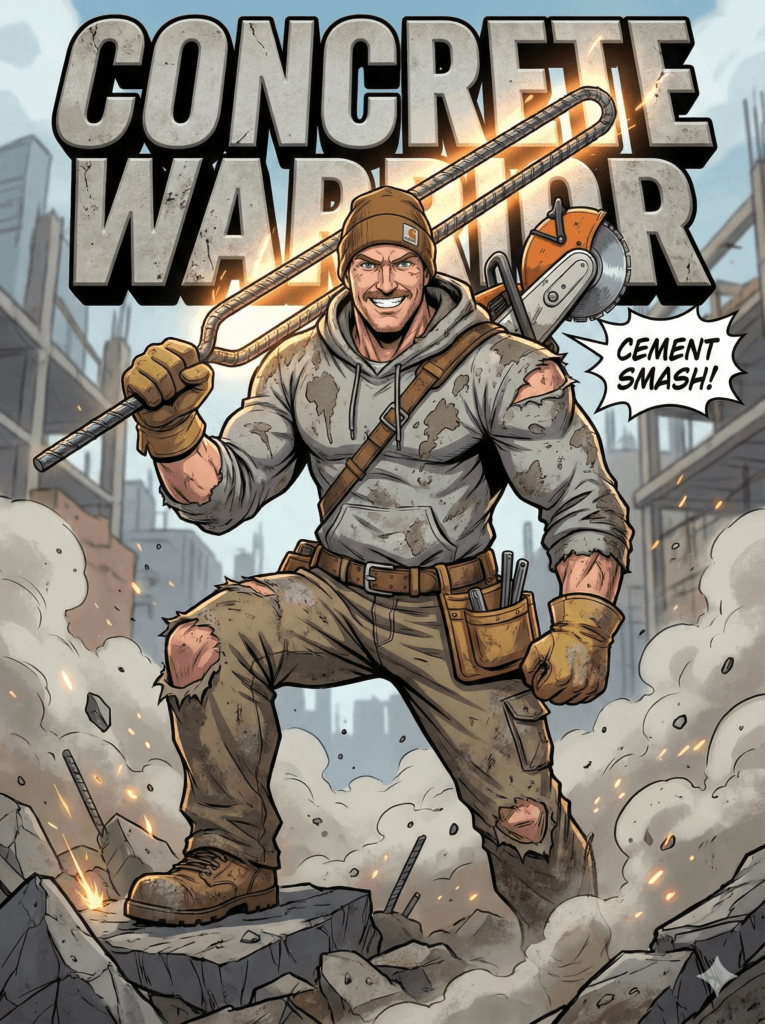 A powerful, comic-book illustration of a muscular concrete laborer named Cam, the 'Concrete Warrior,' standing in the rubble of a demolition or construction site. He is wearing torn clothes, a Carhartt beanie, and a tool belt, holding a piece of rebar and a saw grinder. He shouts 'CEMENT SMASH!'