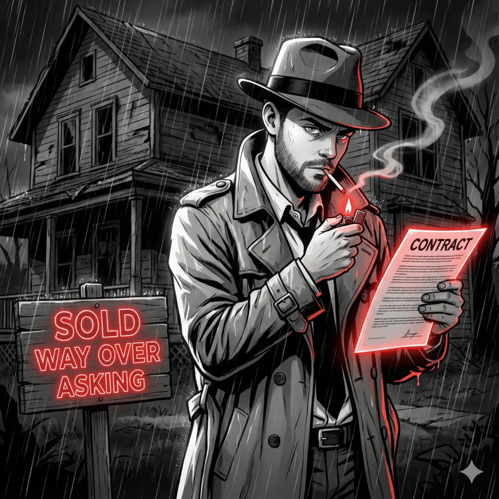 A stark, film-noir style anime illustration in grayscale with vibrant neon red accents. A man stands in the foreground wearing a trench coat and a fedora, a cigarette in his mouth, which he is lighting with a flip lighter. In his other hand, he holds a glowing red document labeled "CONTRACT." Next to him is a wooden sign with glowing neon red letters that read "SOLD WAY OVER ASKING." In the background, under a heavy downpour, sits a dilapidated, haunted-looking two-story house.