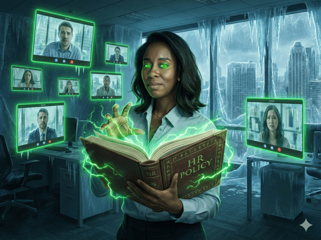 A dark corporate fantasy anime-style illustration of Lisa Beasley as "Corporate Erin." She has glowing neon-green eyes and is holding an open, ancient-looking book titled "HR POLICY" that emits green electrical energy. She is standing in a frozen office with large icicles hanging from the ceiling and windows. Floating around her are several translucent Zoom video call screens featuring worried or distressed employees. Through the icy window, a cold, grey city skyline is visible.