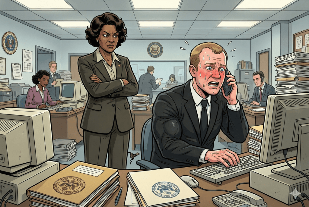 A comic-book style illustration showing a man in a suit sweating profusely and looking panicked while on the telephone and typing at a desktop computer. A stern-looking woman with crossed arms stands directly behind him, glaring. The office around them is cluttered with stacks of paper, old CRT monitors, and other busy employees.