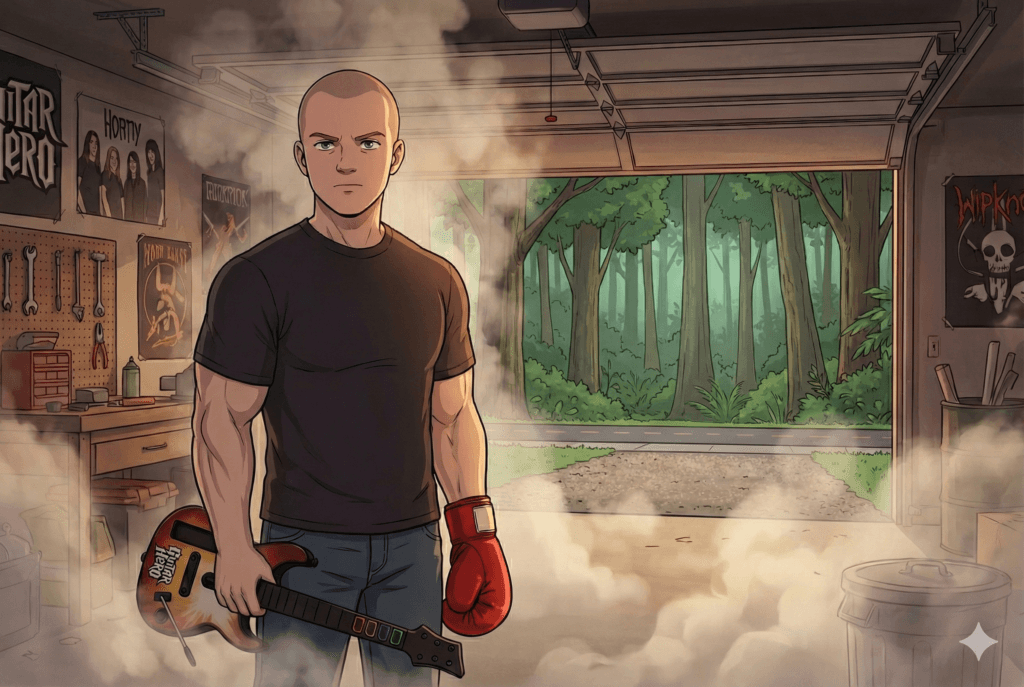 A bald anime-style man with a muscular build stands in a smoke-filled garage, holding a Guitar Hero controller in his right hand and a red boxing glove on his left hand.