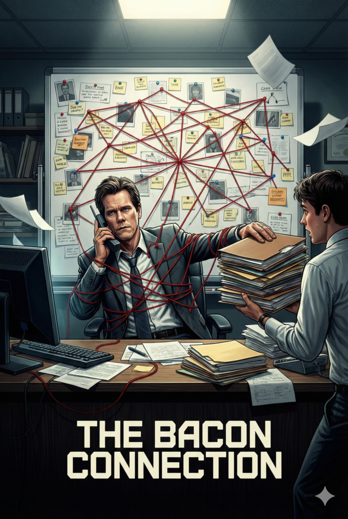 Satirical Sharing Card of Kevin Bacon tangled in red yarn in a chaotic office, delegating tasks to a stressed intern.