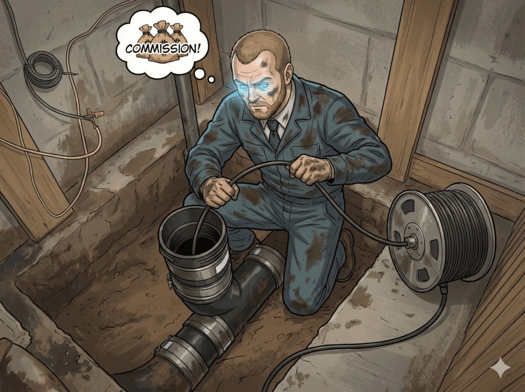 Comic panel of a man with glowing eyes in a dirty jumpsuit, kneeling in a pit and feeding a cable into a pipe. A thought bubble above him shows money bags and the word "COMMISSION!".