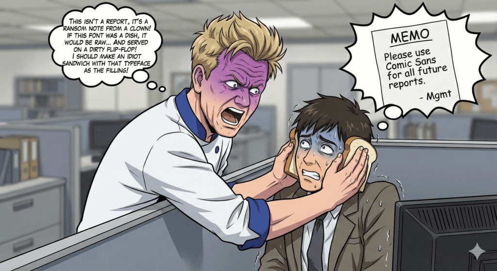 Satirical Sharing Card of Gordon Ramsay in a chef's uniform screaming at a laptop screen displaying a PowerPoint presentation with "Comic Sans" font.