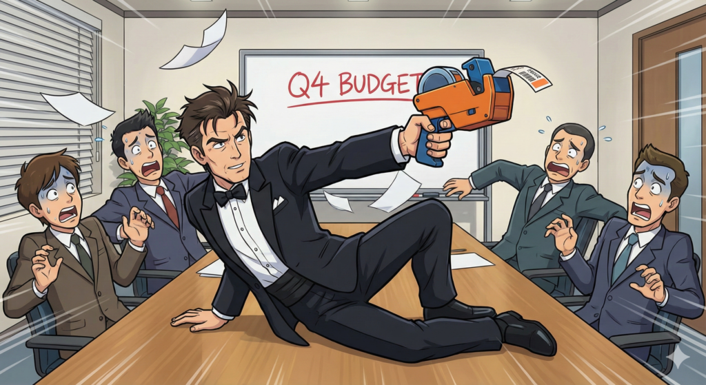 Satirical Sharing Card of James Bond in a tuxedo aiming a pricing gun at a budget report in a corporate boardroom.