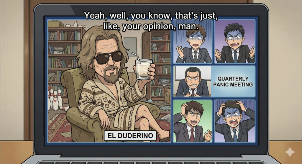 Satirical Sharing Card of Jeff Bridges as "The Dude" in a bathrobe on a Zoom call in a messy home office, holding a White Russian.