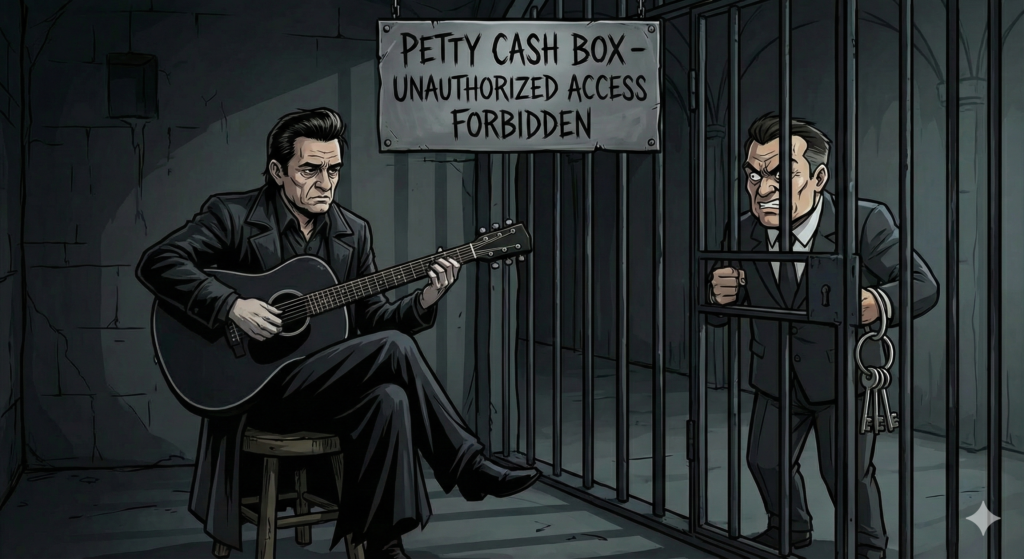 Satirical Sharing Card of Johnny Cash dressed in black, playing guitar behind the bars of a petty cash box.