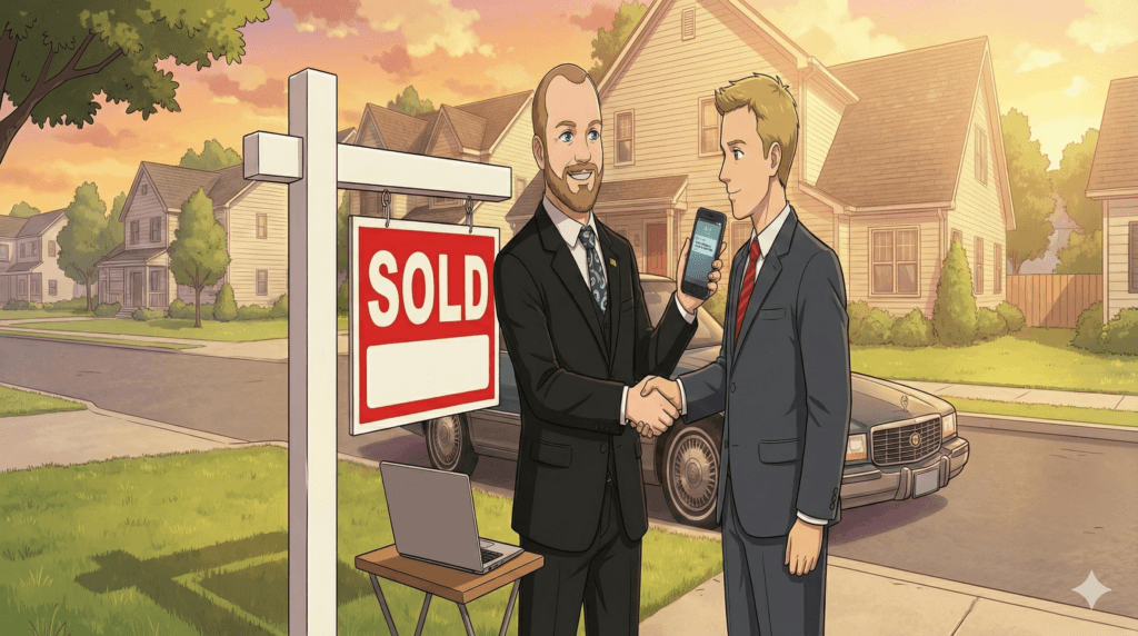 Anime-style illustration of a bearded real estate agent in a dark suit shaking hands with a male client in front of a red "SOLD" sign. A vintage 1991 Cadillac Deville is parked in the background next to a suburban house, and a laptop sits on a small table in the foreground.