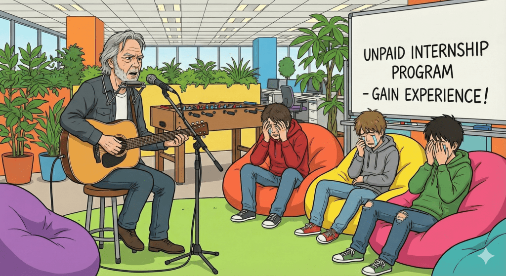 Satirical Sharing Card of Neil Young playing guitar while an unpaid intern weeps in the background of a modern office.