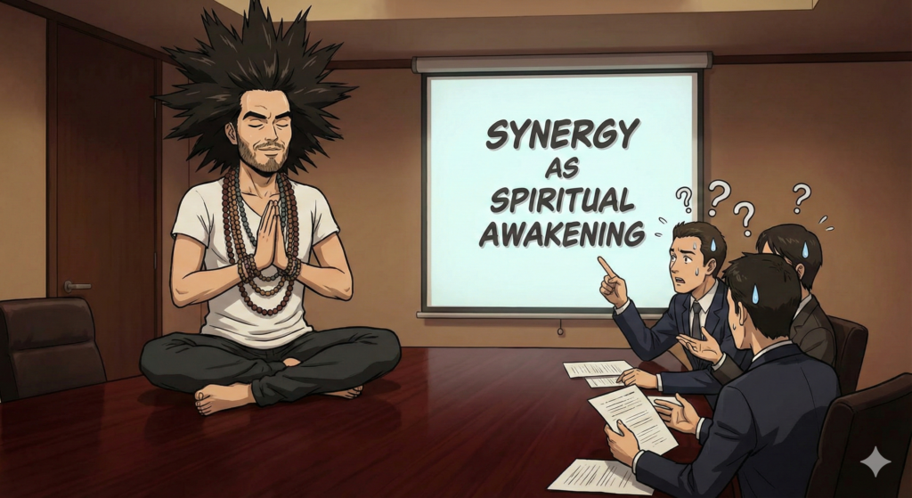 Satirical Sharing Card of Russell Brand dressed as a corporate guru, levitating in a boardroom while confused employees look on.