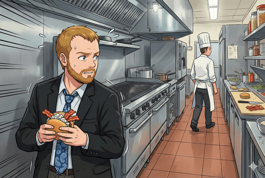 An anime illustration showing a nervous, sweating man in a business suit holding a large bacon and blue cheese burger. He is hiding behind a grill in a commercial kitchen, looking over his shoulder as a chef in uniform walks away down an aisle in the background.