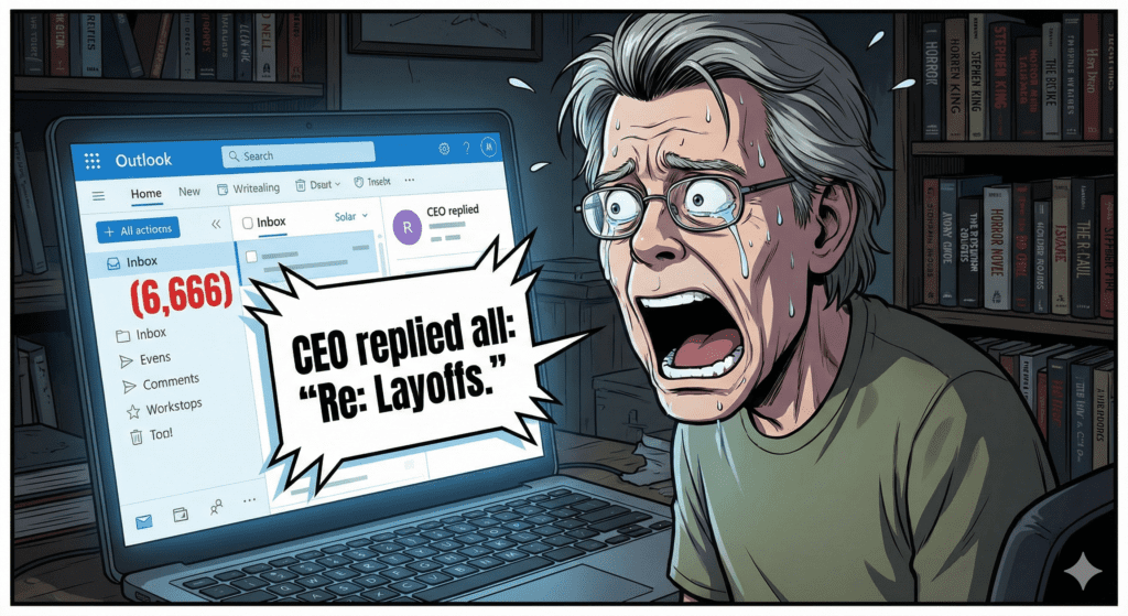 Satirical Sharing Card of Stephen King looking terrified at an Outlook inbox with 6,666 unread messages.