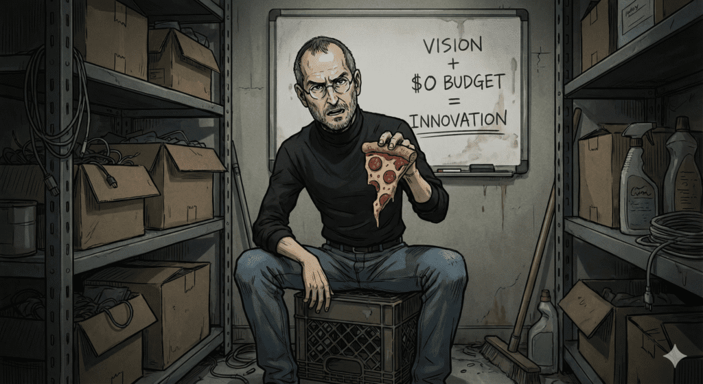 A satirical illustration of a manager in a black turtleneck holding a half-eaten apple, captioned with text about budget cuts fueling innovation.