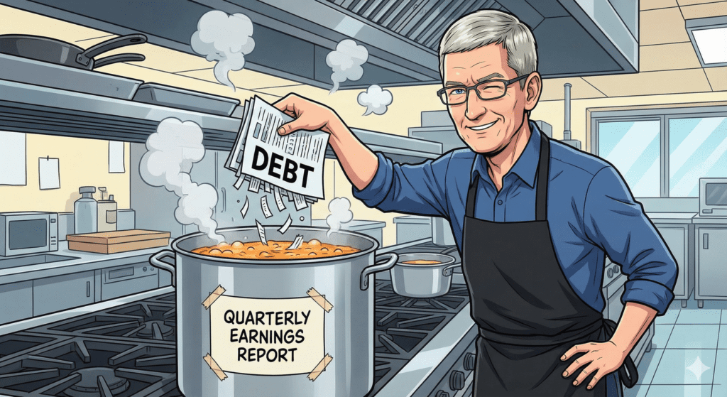 Satirical Sharing Card of Tim Cook wearing a chef's apron over his suit, sprinkling "Optimism" seasoning onto a graph with declining sales numbers.