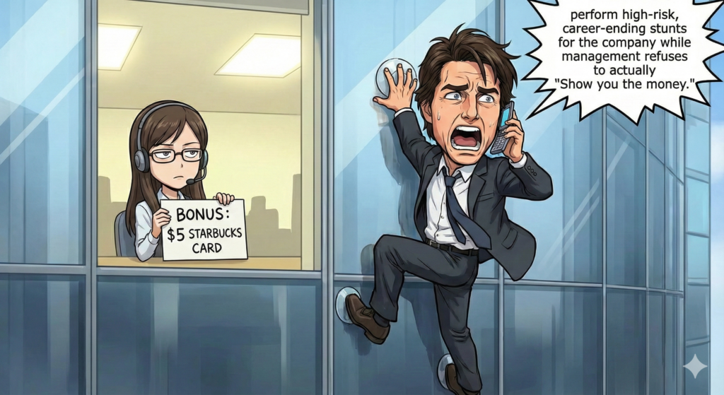 Satirical Sharing Card of Tom Cruise screaming "Show Me The Money" at an HR rep holding a pizza coupon.
