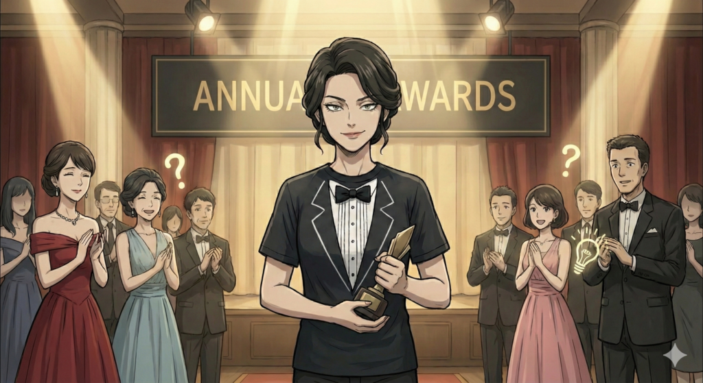 Jacob Zwack MN Realtor accepting an award on stage wearing a tuxedo t-shirt and blazer, demonstrating confidence at a formal event.