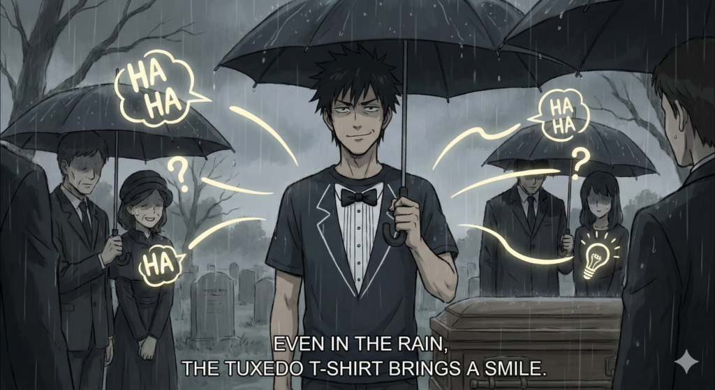 Jacob Zwack, The Executive Jokester, wearing a black tuxedo t-shirt and blazer at a funeral, demonstrating appropriate formal-ish attire.