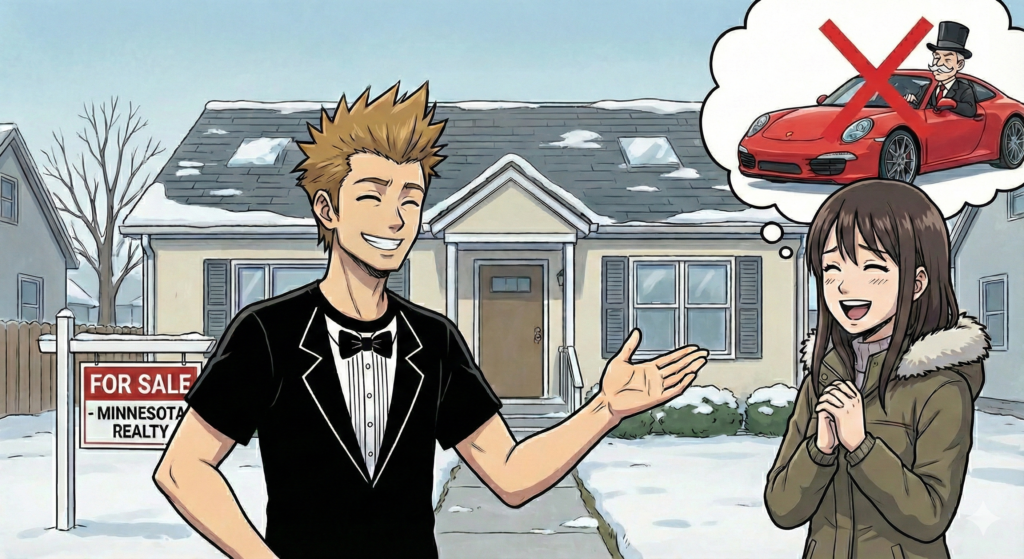 Jacob Zwack MN Realtor wearing a tuxedo t-shirt and black blazer at a home showing to demonstrate formal-ish attire.